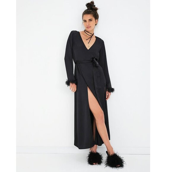 For Love and Lemons Victoria Secret Floral Trim Robe Satin Maxi Black Med - Picture 1 of 16